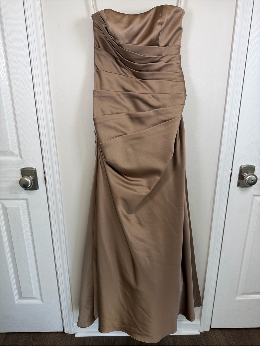 David’s Bridal Strapless Ruched Satin Mermaid Evening Gown Champagne Taupe 2/4